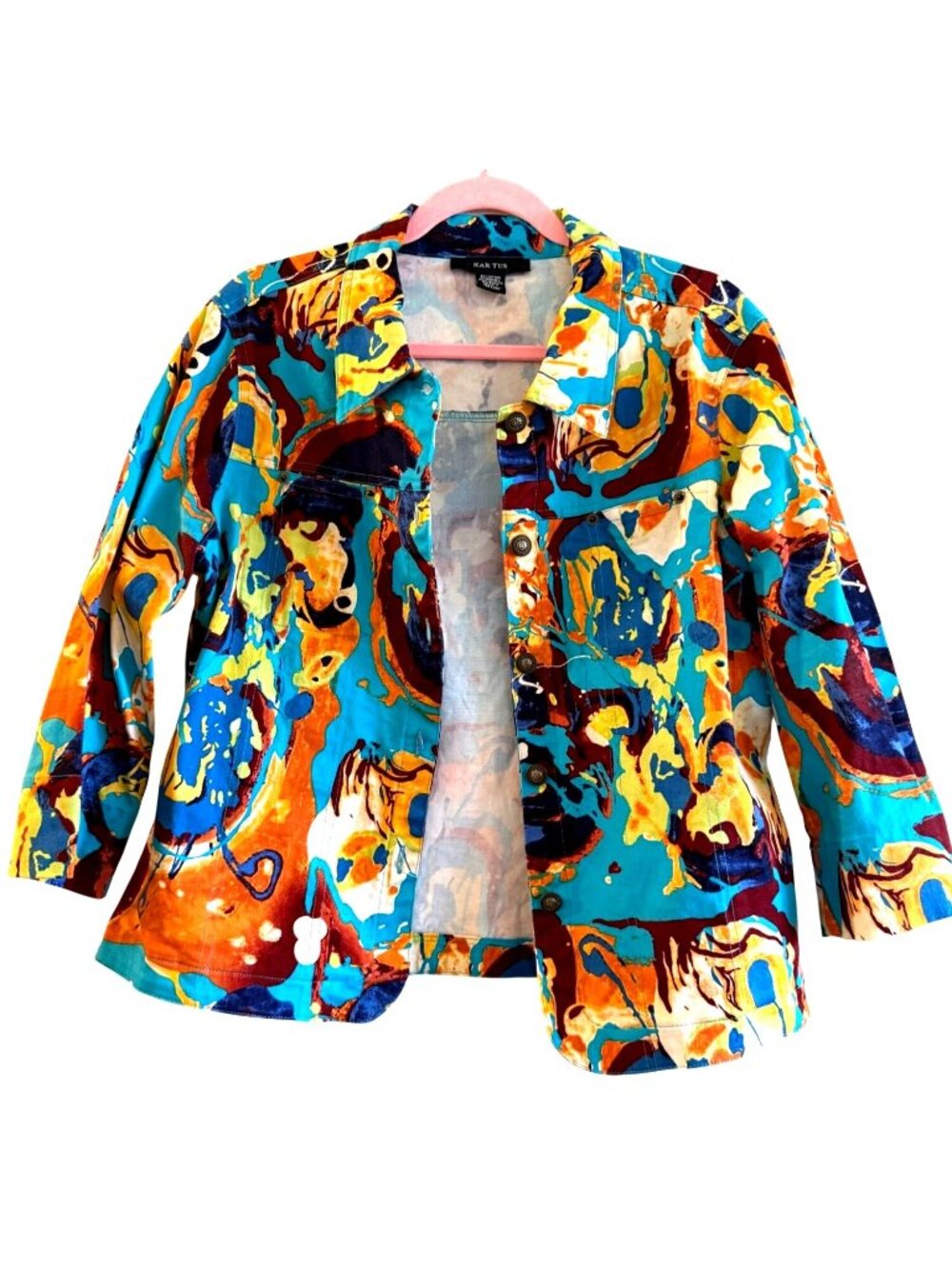 Vintage Kaktus Womens Multicolor Abstract Print Button-Up Jacket 3/4 Sleeves Med